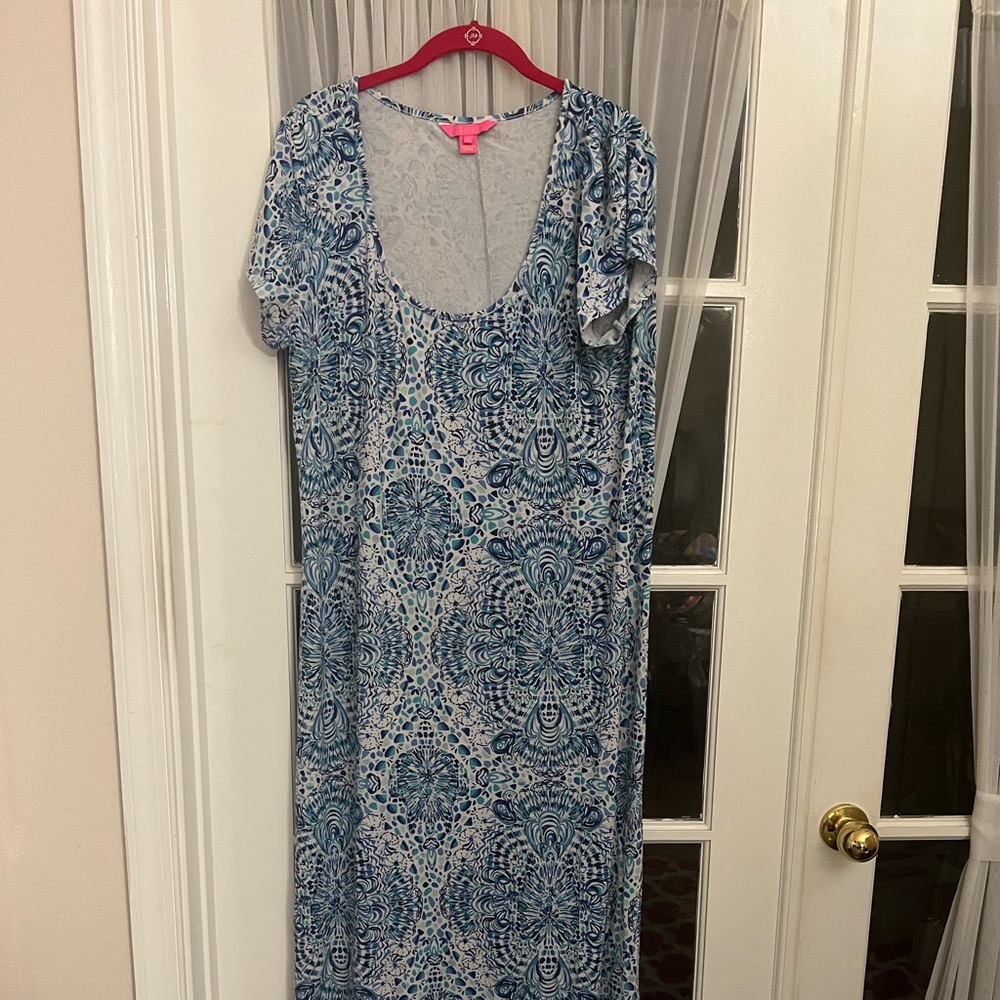 LILLY PULITZER Women's Blue Floral MAXI DRESS Scoop-Neck - SIZE XL